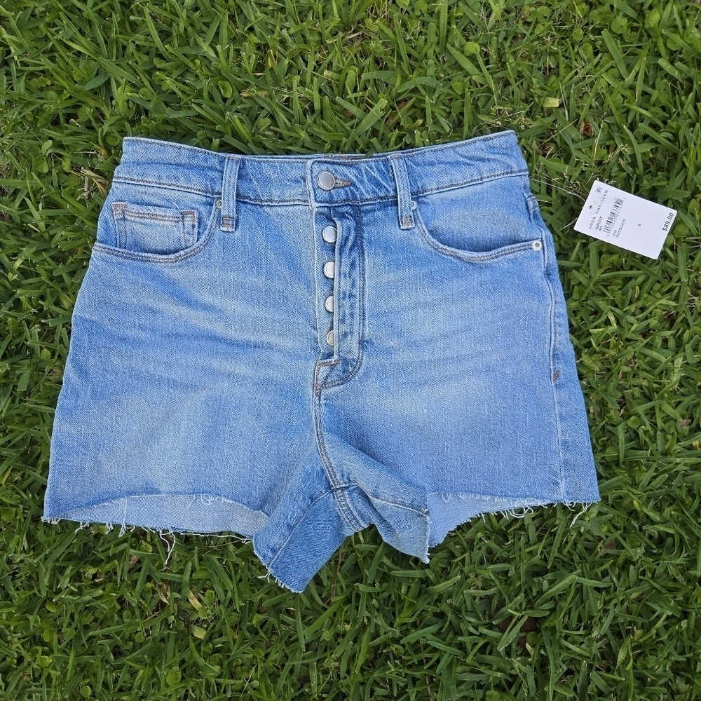 NWT Good American Bombshell Shorts Raw Hem Indigo